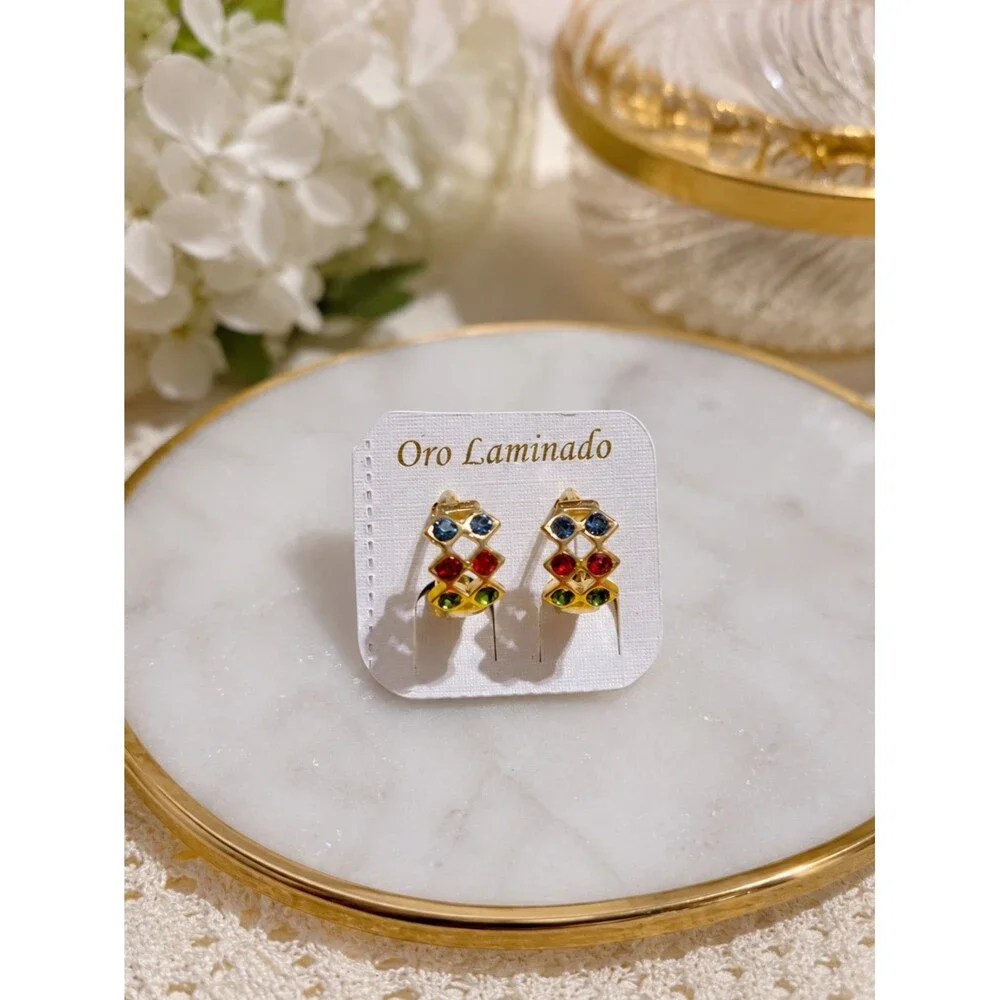 Oro Laminado Gold Plated Multicolor Rhinestone Huggie Hoop Earrings, Clip On